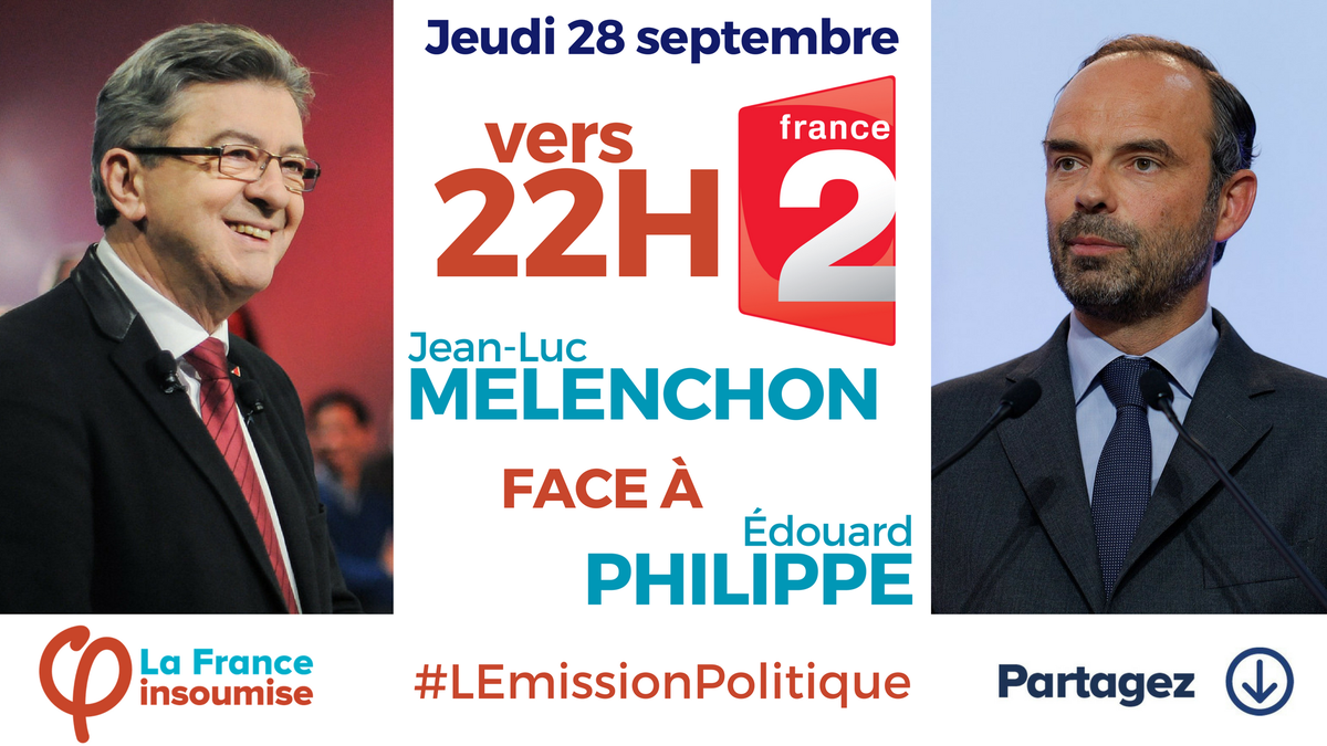JLMelenchon's tweet photo. Rendez-vous demain sur France 2.
#LEmissionPolitique #France2 https://t.co/e0PhltkqMH