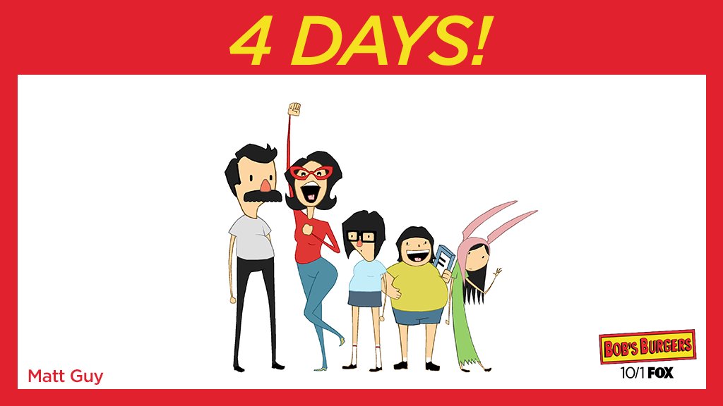 BobsBurgersFOX's tweet photo. Fire up the grills! #BobsBurgers returns in just FOUR DAYS. 🍔 https://t.co/O6mkLEu0WU
