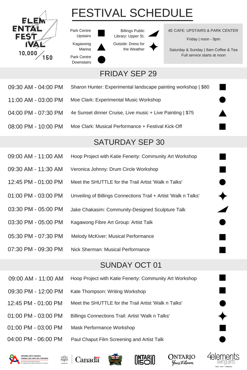 Want to know what's going on at #ElementalFestival this weekend? Check out our full schedule here! #Kagawong #BillingsConnectionsTrail