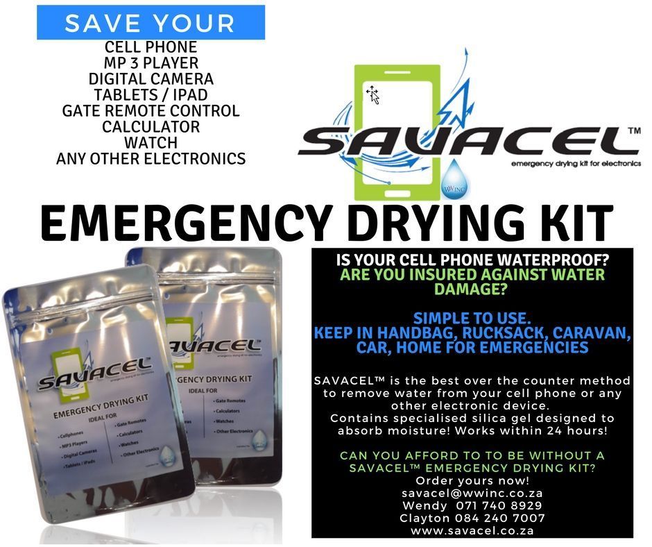 savacel's tweet photo. Savacel™ - NEW in South Africa - is an emergency drying kit for elecronics #cellphone #watches - only R90 you can afford one at home/office https://t.co/Kxg8oSodjh
