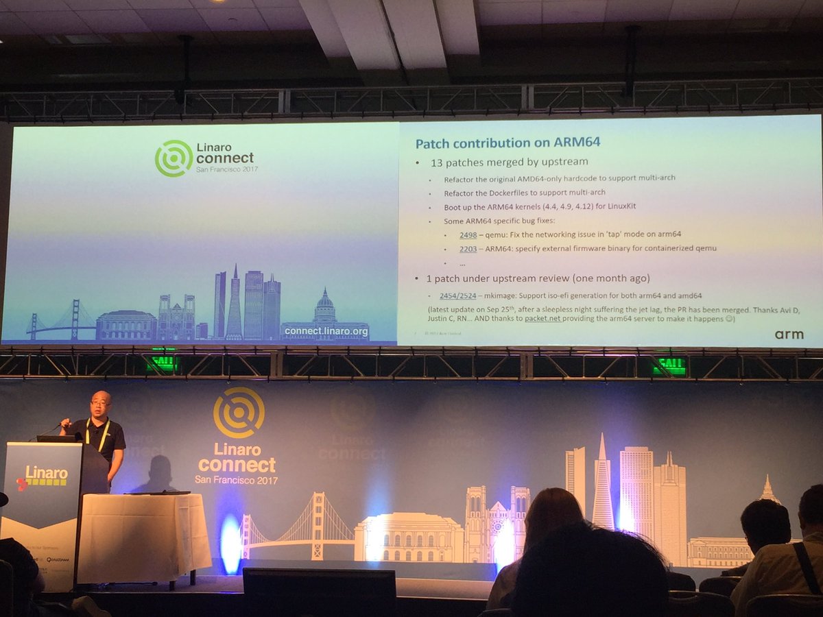 JeffUnderhill's tweet photo. #Linuxkit on #Arm session @LinaroConnect - thanks to many folks including @packethost #worksonarm for infrastructure! https://t.co/v1iM4MyPuK