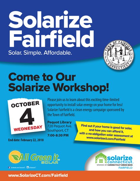 SolarizeCT's tweet image. Solarize Fairfield will kick off again this fall with a workshop on Wed. 10/4, 7- 8:30 pm at @PequotLibrary , 720 Pequot Ave., Southport.