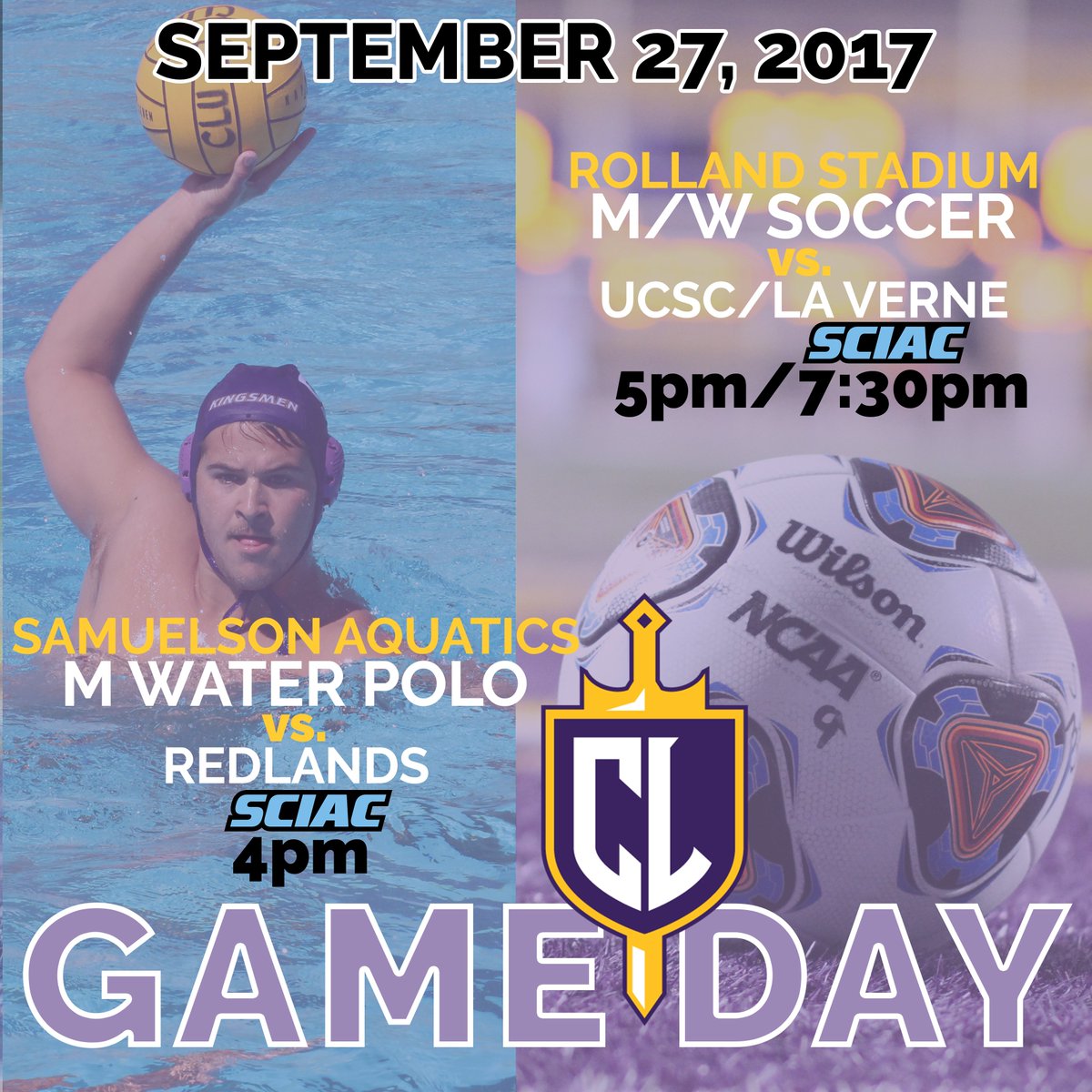 CLUSports's tweet photo. GAME DAY! @CLUmWaterPolo, @CLUmSoccer and @CLUwSoccer all play HOME TODAY! See you at the pool and pitch! #gokingsmen #goregals #clusports https://t.co/mpzyrJqRzT