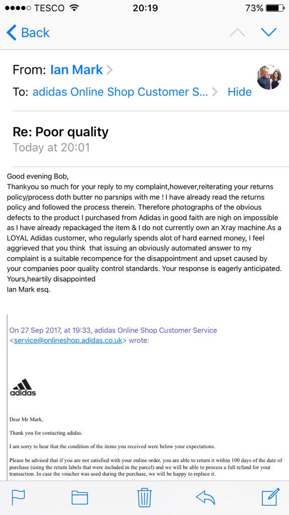 Ian Mark on X: "@adidasEUhelp received automate reponse via adidas customer service, around my complaint, i enclose my answer, your thoughts ? https://t.co/sZhysVMg3T" /