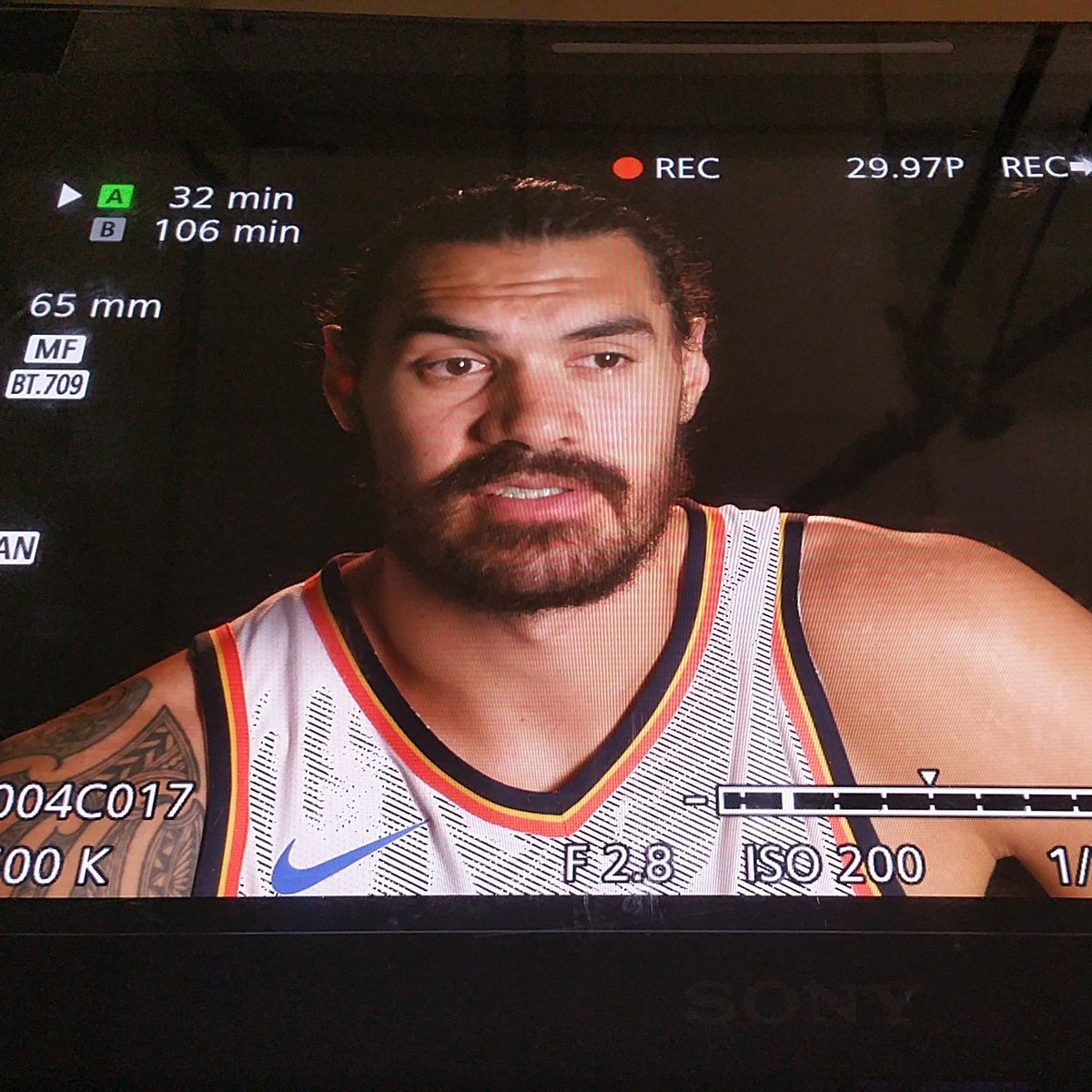 tj_took_it's tweet photo. A favorite from media day!   Always good to get @RealStevenAdams in the hotseat.  #OKC #Thunder #ThunderUp! https://t.co/ao5jnlZkKe