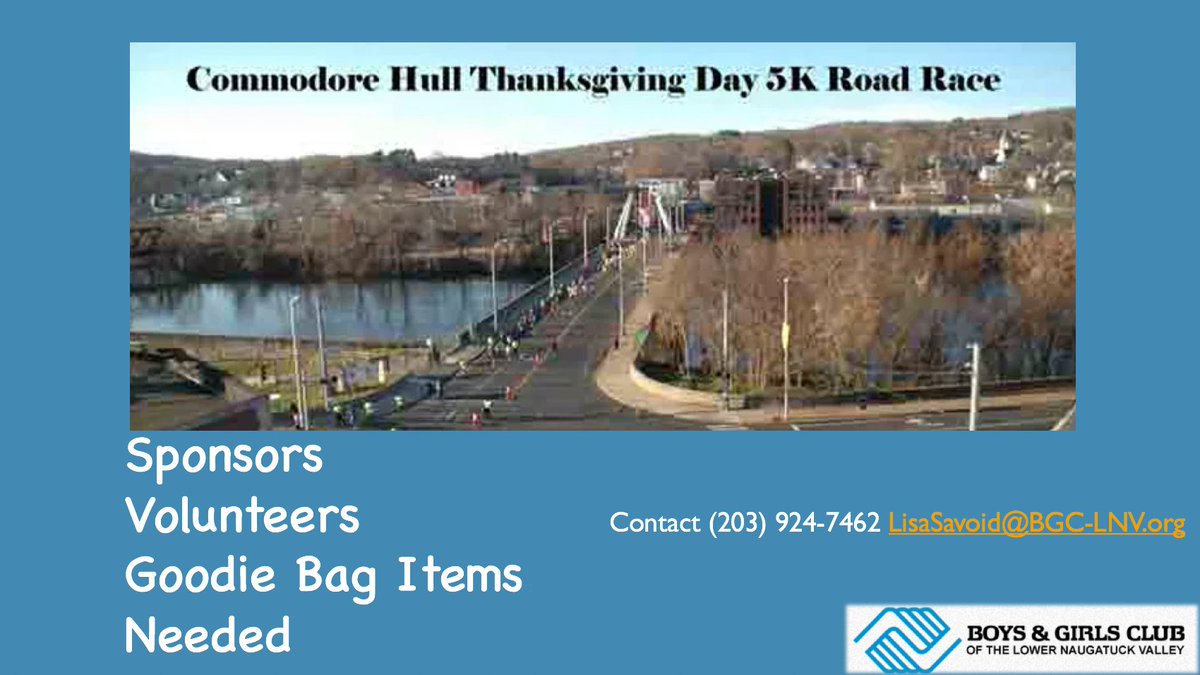 Commodore Hull 5K Race Thanksgiving Day. Looking for Sponsors, Volunteers and Goodie Bag Items.  Contact @LisaSavoid for more info