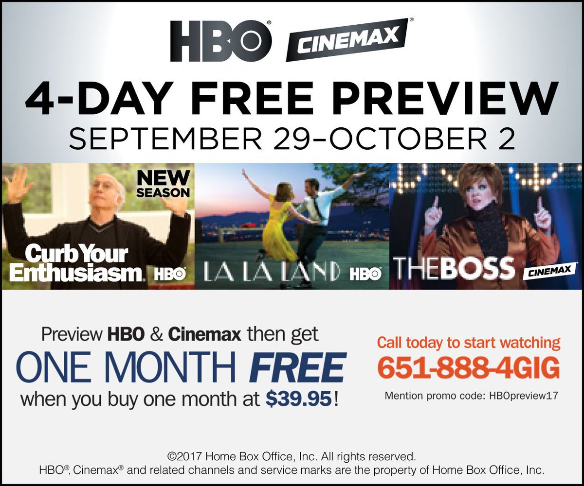 GigabitMN's tweet photo. 4-DAY FREE PREVIEW OF HBO/CINEMAX for all GMN TV Subscribers! Plus, get 1 MONTH FREE with the purchase of one month. Use code: HBOPreview17 https://t.co/WF7XKsXWnt