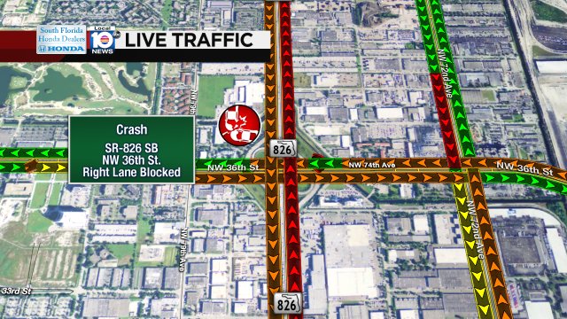CRASH: SR-826 SB & NW 36th St. A right lane is blocked; expect delays. #TRAFFIC #MIAMI https://t.co/svCJP6EGk4