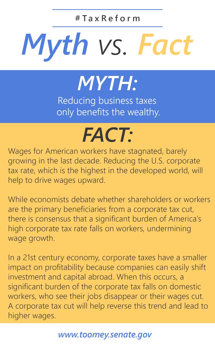 SenToomey's tweet photo. Reducing business taxes will create jobs and raise wages, expanding opportunity for all Americans. We need #TaxReform now. #MythVFact https://t.co/MoSYL4cycV