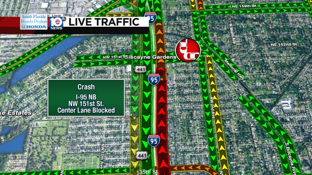 CRASH: I-95 NB & NW 151st St. A center lane is blocked causing heavy delays. #TRAFFIC #MIAMI https://t.co/aAxG3o32pH
