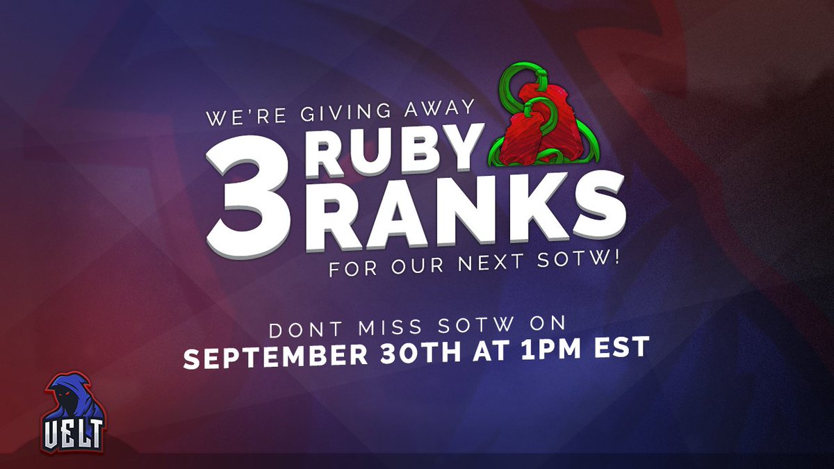VeltPvP's tweet image. VeltPvP 4.0 Week #7 Giveaway. 🎭

RT + Follow for a chance to win Three Ruby Ranks! 🌹

SOTW: Saturday at 1PM EST. 🌍

reddit.com/r/VeltPvP/comm…