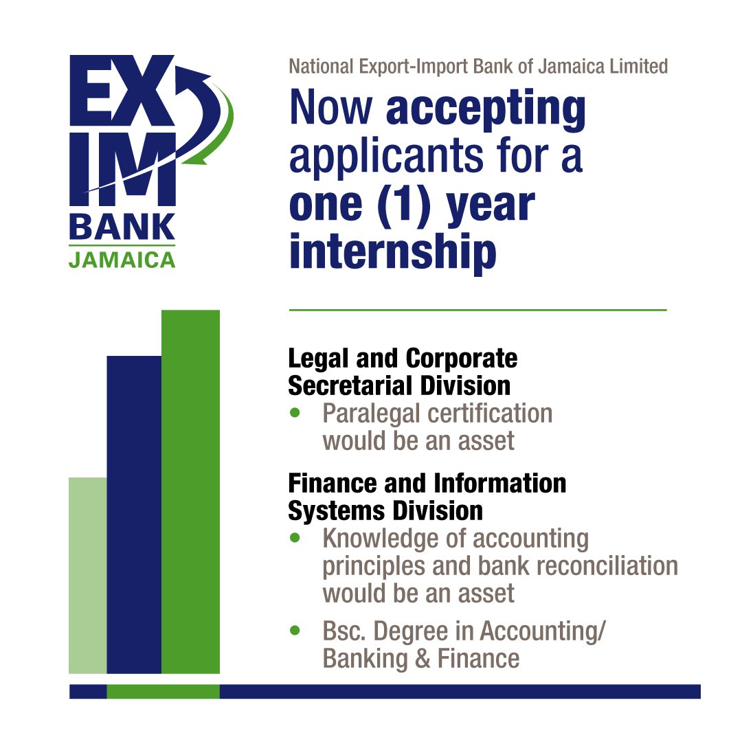 EXIMBankJa's tweet photo. #EXIMBankJa is now accepting internship applications. Interested applicants may submit résumé via email to humanresource@eximbankja.com https://t.co/a3OfPK5xuv