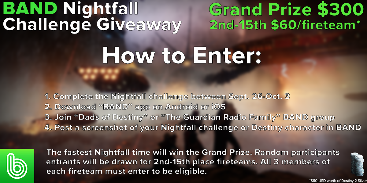 BAND_Gaming's tweet photo. We've teamed up with @dadsofdestiny &amp; @GuardiansofD to host a Nightfall challenge. Good luck, Guardians!
More info: https://t.co/dgt3wzJDRd https://t.co/uAxJ3txvpH