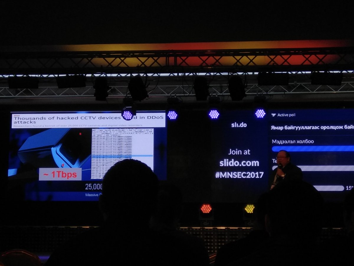 DDoS traffic дотор CCTV-нүүд овоо траффик эзэлж байна гэнэ.. Тэгээд одоо ундааны машинууд, IoT device нэмэгдээд... :3 ..#MNSEC2017