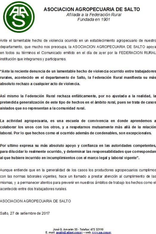 La Agropecuaria de Salto, ante los hechos en la estancia Flor de Ceibo, de aquel departamento.