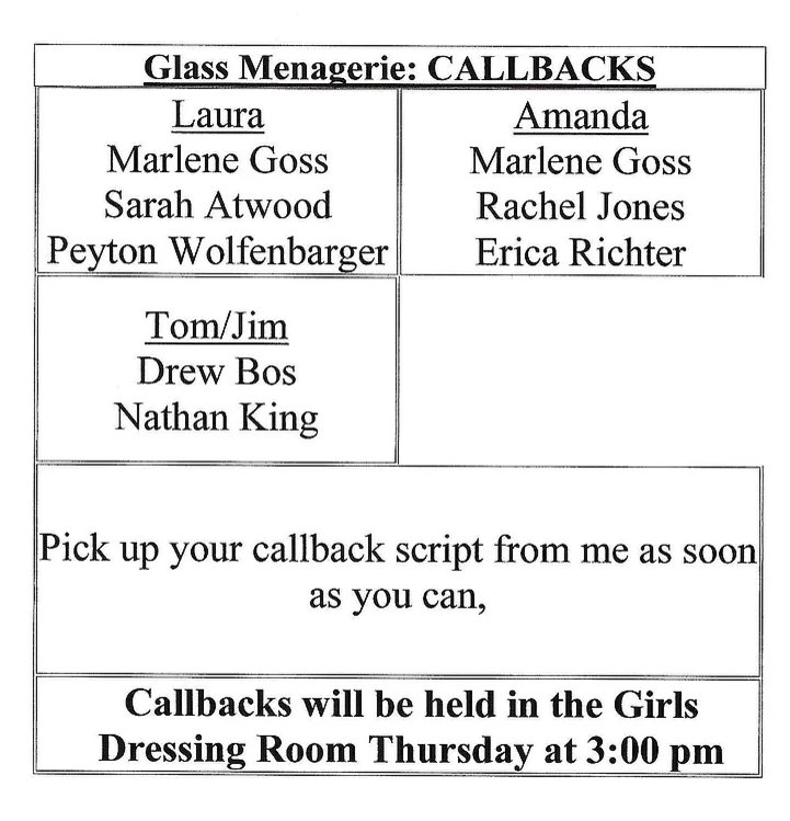 THEATREDEPT_LHS's tweet photo. Callbacks for The Glass Menagerie are up! https://t.co/ALTVtsWSib