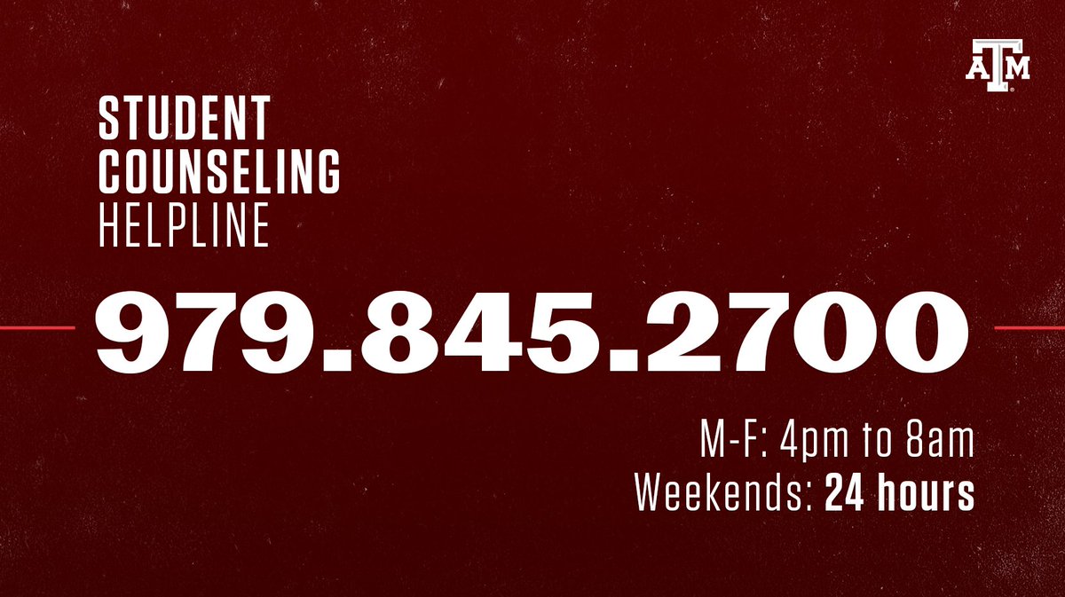 TAMU's tweet image. If you need to talk, @TAMUSCS Student Helpline is ready to listen. tx.ag/CqQiZOa #tamu