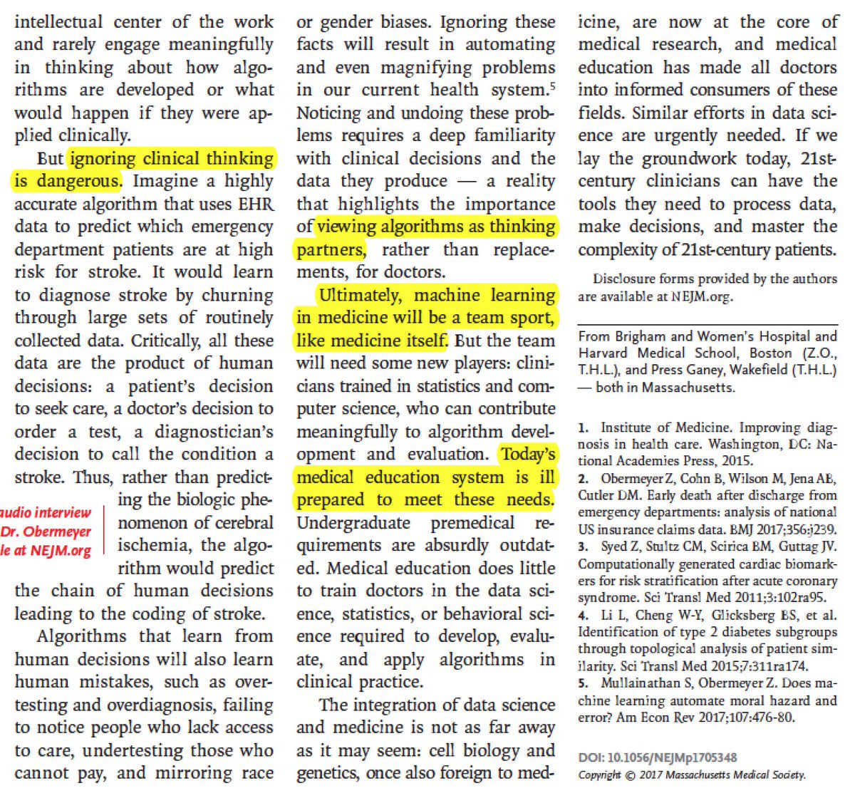 Algorithms as physician "thinking partners," machine learning #AI for complex medicine's future nature.com/articles/s4156… by <a href="/oziadias/">Ziad Obermeyer</a> <a href="/NEJM/">NEJM</a>