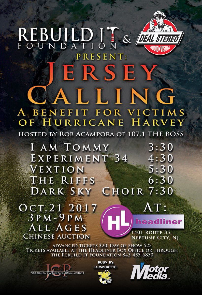 RebuilditUSA's tweet photo. @DealStereo presents #Jersey Calling Benefit 4 #Harvey at @TheHeadlinerNJ hosted by @rob_acampora of @1071TheBoss #JCP  @MotorMediaUSA https://t.co/OX8fZqlKAe