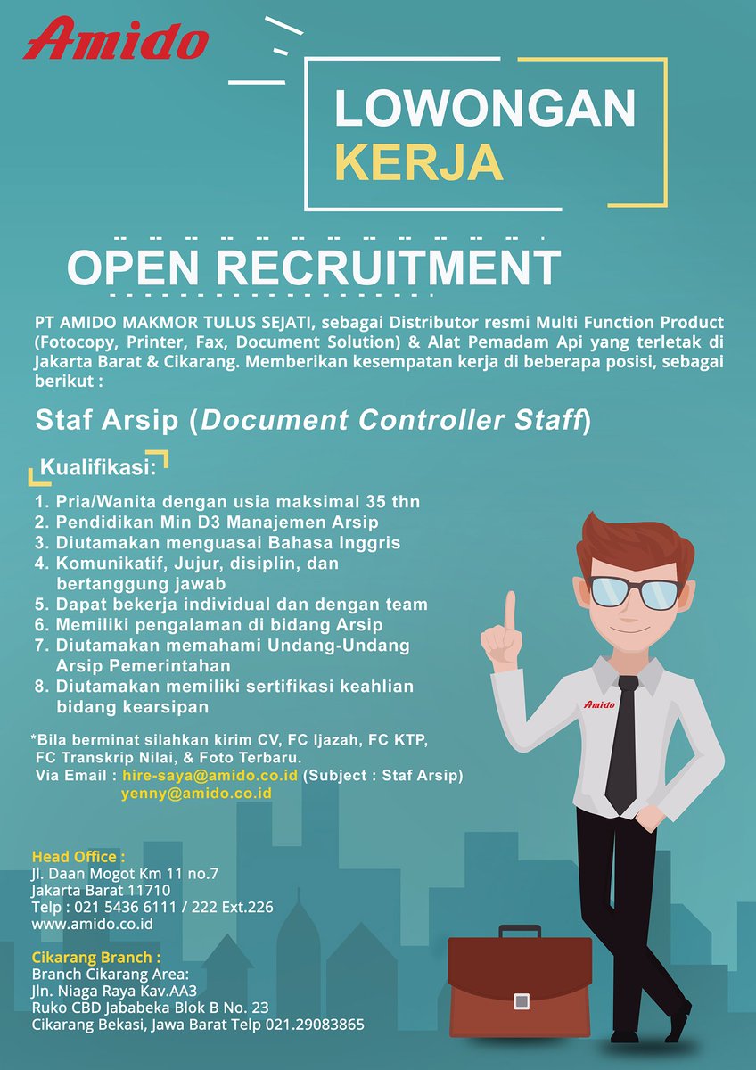 vokasi_ui's tweet image. INFOLOKER! 
Lowongan Kerja PT. Amido Makmor Tulus Sejati – Staf Arsip @HMMIDUI