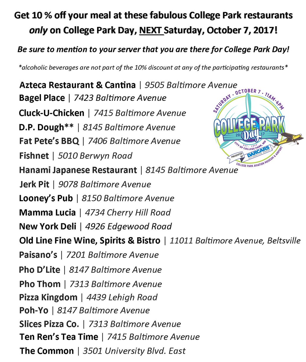 CollegeParkDay's tweet photo. Reason #10 to attend College Park Day Festival Sat 10/7 11-4? Restaurant deals! Get 10% off @ these fantastic CP restaurants only on CPD! https://t.co/Ci5IpvMazV
