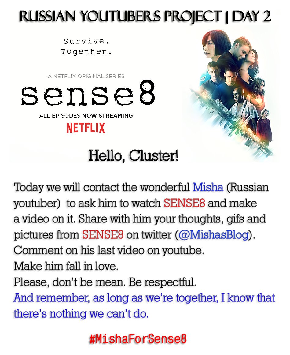 russiancluster's tweet photo. It's Day 2 and today we're reaching out to Misha @MishasBlog to promote Sense8 amongst the Russian speaking audience. #MishaforSense8 https://t.co/EIP4mrsq8O