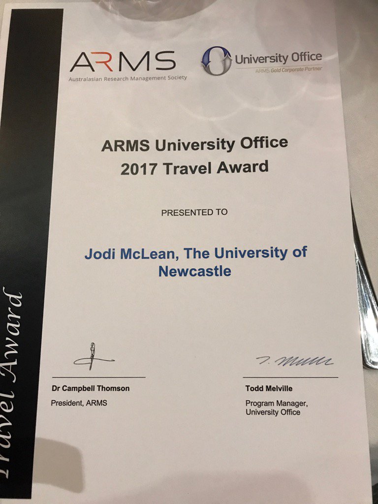 JudyUoN's tweet photo. Great award to Jodi McLean on receipt of the ARMS travel award #UON_research #ARMS2017 https://t.co/T0u4SmRvhQ