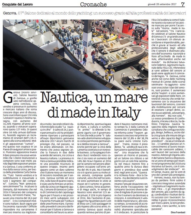 FilcaCisl's tweet photo. #OggisuConquiste - #Nautica, un mare di made in Italy - Il successo del #SaloneNautico di #Genova grazie a professionalitร lavoratori!
#sn57 https://t.co/m0UonkPuQB