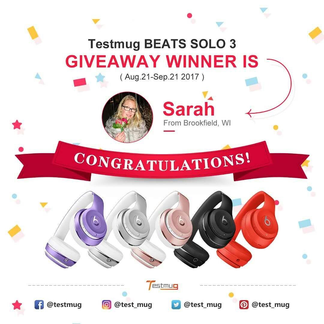 test_mug's tweet photo. Congratulations to Sarah from Brookfield, WI, the winner of the Testmug Beats Solo 3 Headphone Giveaway (Aug.21-Sep.21) #giveaway #gadgets https://t.co/VTlK6DZndE