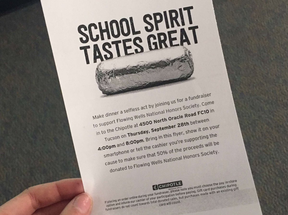 FlowingWellsNhs's tweet photo. Hey guys ! Come out and support our fundraiser at chipotle in the Tucson Mall from 4-8pm tomorrow evening!🌯 https://t.co/1CFv3mz7KS