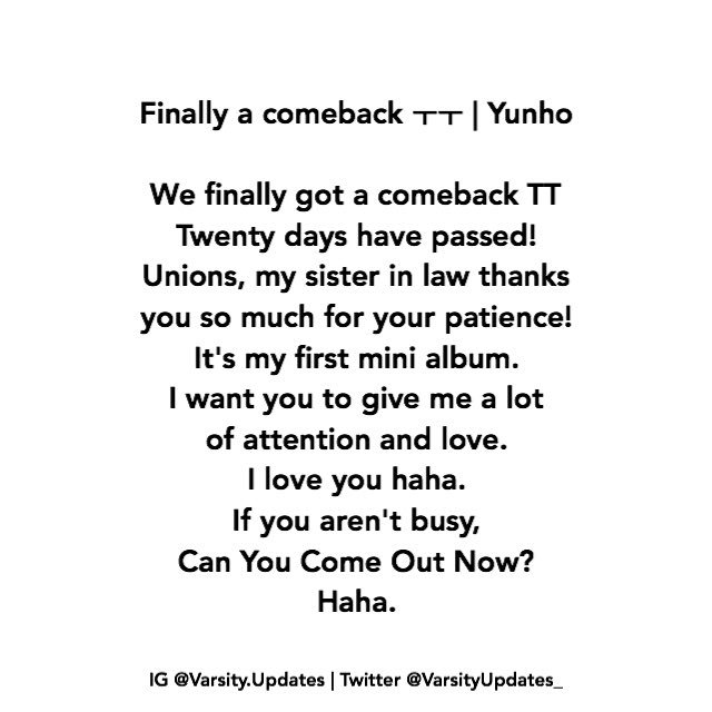 VarsityUpdates_'s tweet photo. [ Fancafe ]

Yunho updates about #바시티_지금_나올래! Please support #바시티 with their comeback 💖

*translation may not be accurate* https://t.co/EDoLhBYBHQ