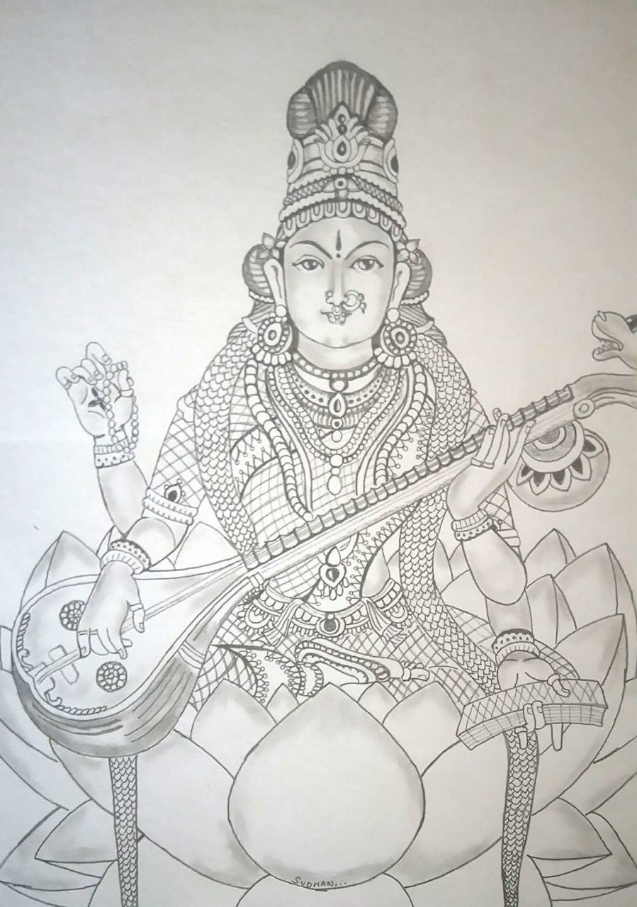 Free Vector | Vasant panchami on indian god saraswati maa sketch religious  card design