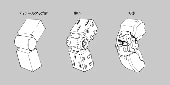 適当なメカディテールでも表面のディテールや面取りでごまかすのよく見る。
面倒でも面や起伏で形を作っていくべき。
納期がないときは仕方ない。除隊を認める。
起伏でディテールアップするのはVer.Kaとかでよく見る気がします。 