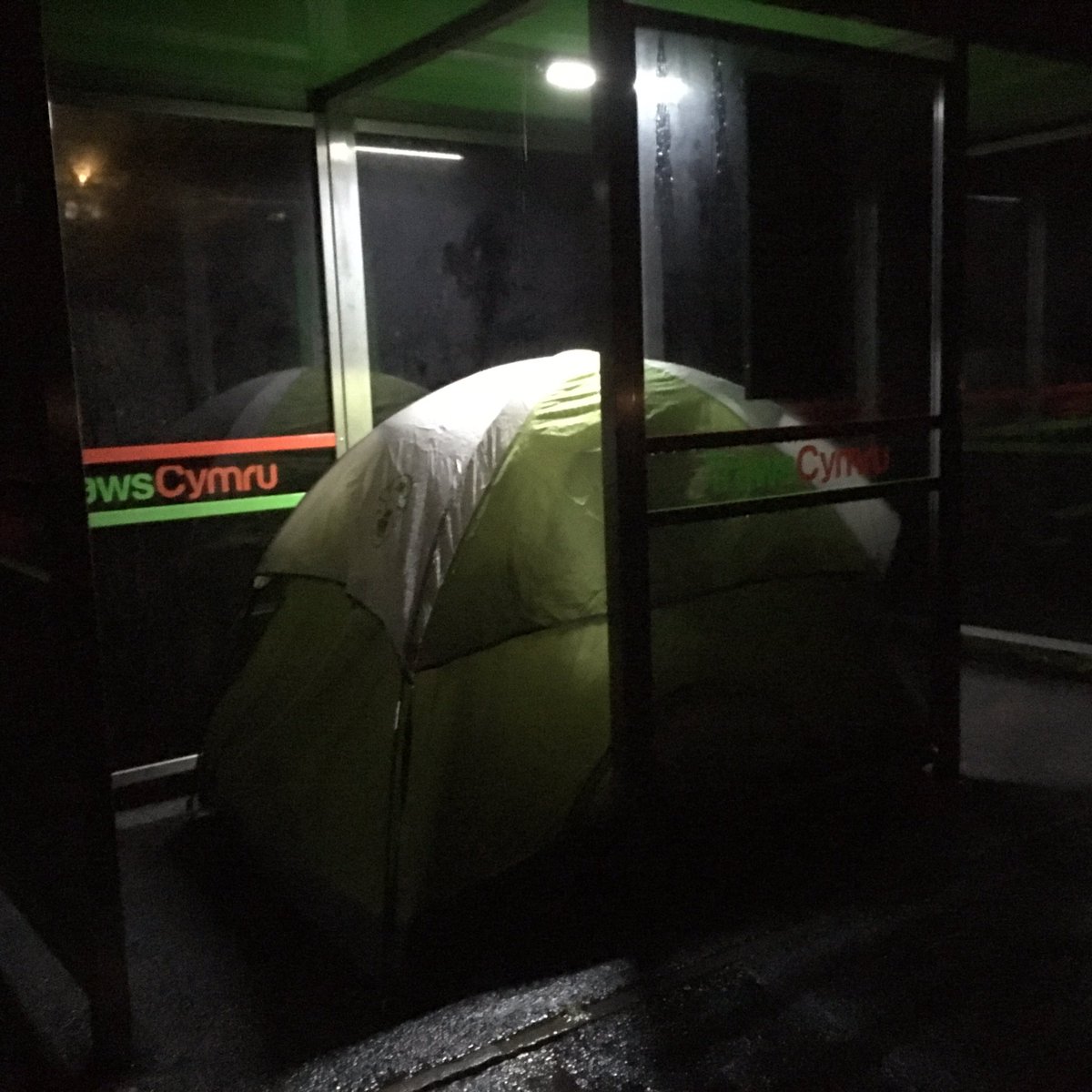 While on call last night we saw an ingenious way of keeping your tent dry in the rain. It also ensures you won't miss the first bus home!!