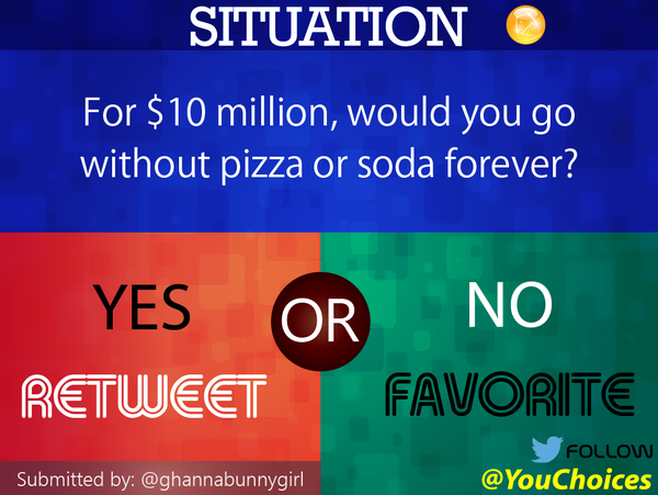YouChoices's tweet photo. No pizza or soda? https://t.co/RWTqlnfUfg