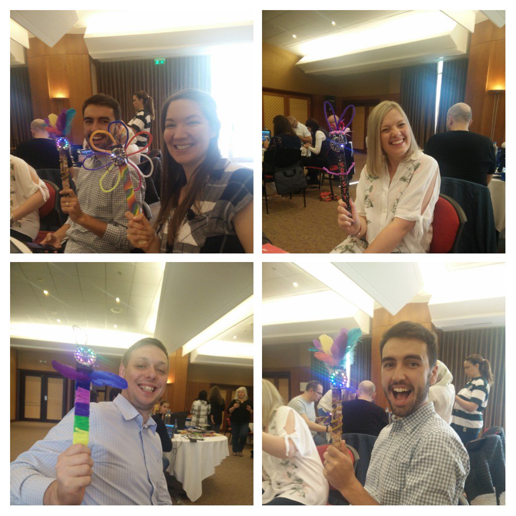Primarymrsw's tweet photo. Team UKs amazing magic wands using @MSMakeCode and @adafruit at #MLCSummit . Love the creativity and STEM opportunities. #MicrosoftEDU https://t.co/Mq0LujzK2S