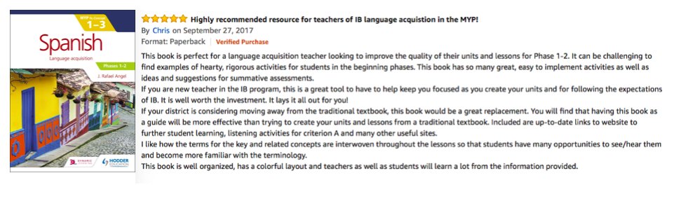 JRafaelAngelM's tweet photo. The appreciation I have for the positive feedback my MYP Spanish #ByConcept books have received can only be matched by how much I grew as an educator while writing. @HodderIntl #langchat #MYPChat #Spanish #MYPbooks https://t.co/2etTbXddrB
