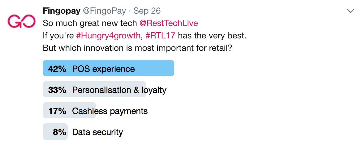 Fingopay's tweet photo. Customer experience at Point Of Sale is king.
2-in-5 retailers at #RTL17 say their till is most important place for innovation.
#biometrics https://t.co/GDxNqj1Rbx