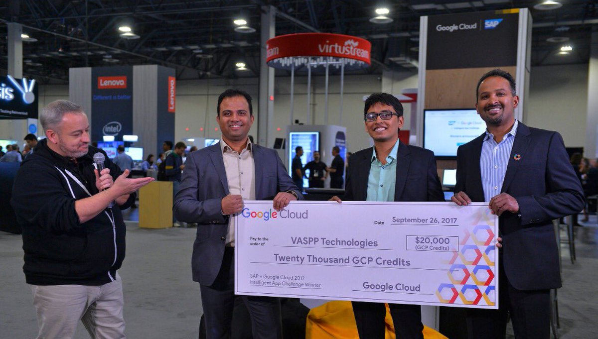 VasppTech's tweet image. VASPP accepting the award from the #sapgoogle intelliegent app challenge. Come say hi at #SAPTechEd Dev Garage @googlecloud @SAPAnalytics