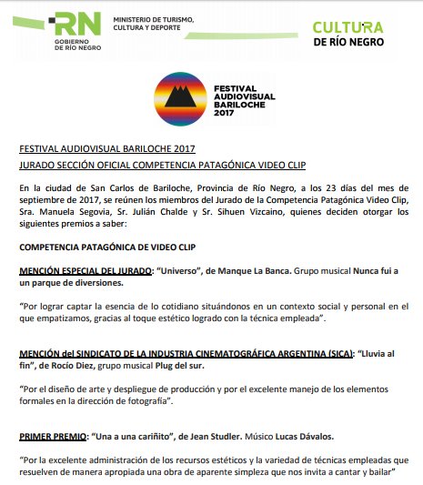 lucaslopezdav's tweet photo. “Por la excelente administración de los recursos estéticos y la variedad de técnicas empleadas que resuelven de manera apropiada una obra de aparente simpleza que nos invita a cantar y bailar” #Clip #Ganador #FAB2017 https://t.co/sMCP9e0nuK #Bariloche https://t.co/hCuEodO1ZC