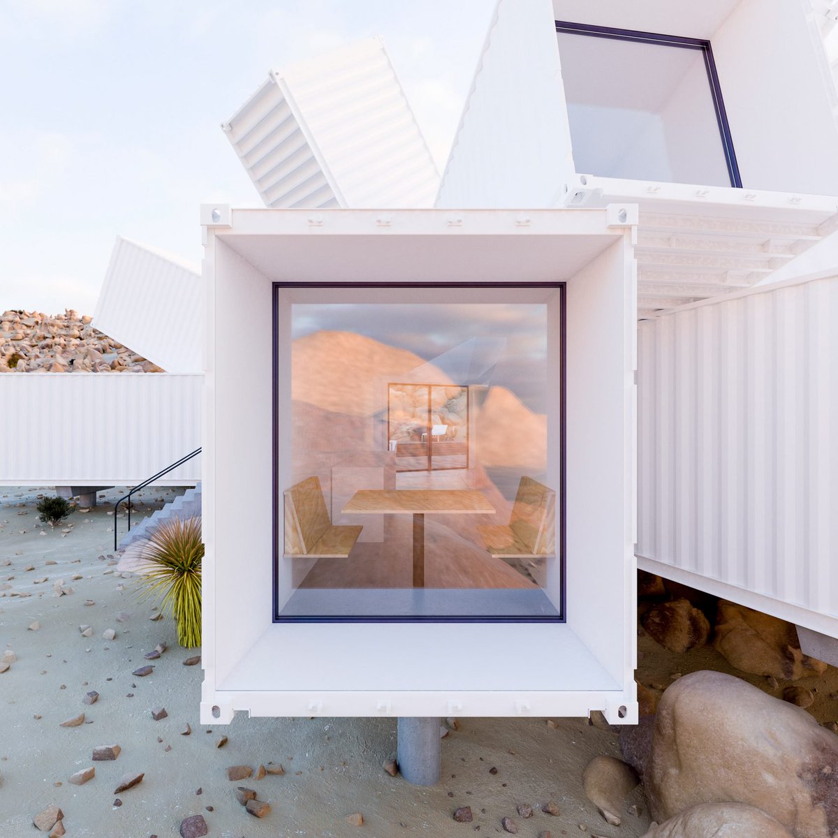 These renders of #JamesWhitaker's #JoshuaTree building really caught our eye at SmartBox. Initially proposed as an office space concept, the starburst-shaped design has now been commissioned in the California desert, USA. 
#cargotecture #shippingcontainer #architecture #green