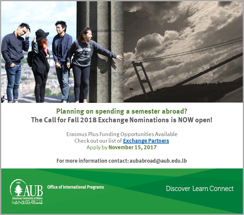 Planning on spending a semester abroad?
The Call for the 2018 Fall semester is NOW OPEN! #oip #AUBgoesabroad #studyabroad #exchangepartners