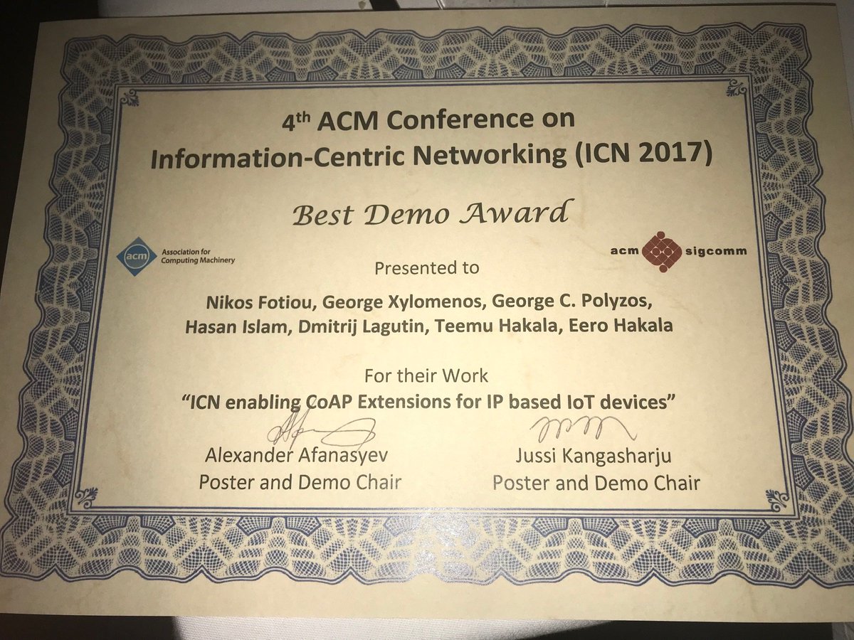 PointH2020's tweet photo. Our prize winning demo at @ACM_ICN "ICN Enabling COAP Extensions for IP Based IOT Devices" @EUSciComm @EuCNC @EUhorizon2020 blog to follow. https://t.co/o5J39qp8xt