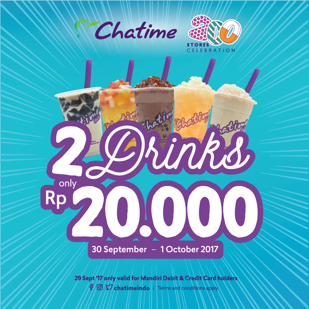 ChatimeIndo's tweet photo. Rayakan Chatime 200 Store Celebration!!

Buy 2 hanya 20k dan seru-seruan bareng tanggal 1 Oktober 2017 nanti. 
Jangan sampai kelewatan! :) https://t.co/CJD11eZ90v