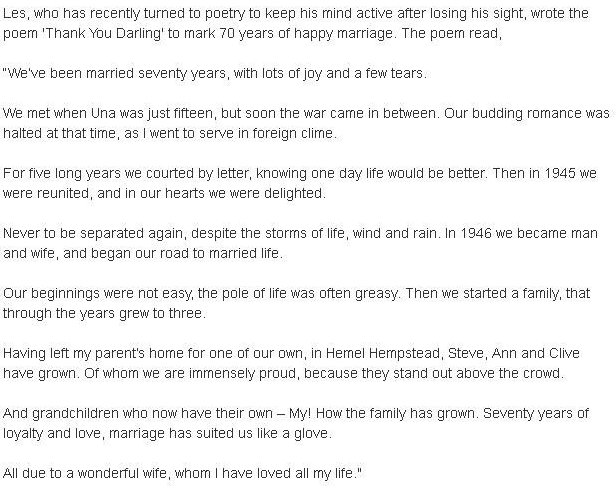 age_uk's tweet image. For #NationalPoetryDay we're sharing the poem that 96-year-old Les wrote for his wife Una on their 70th wedding anniversary. #LoveLaterLife