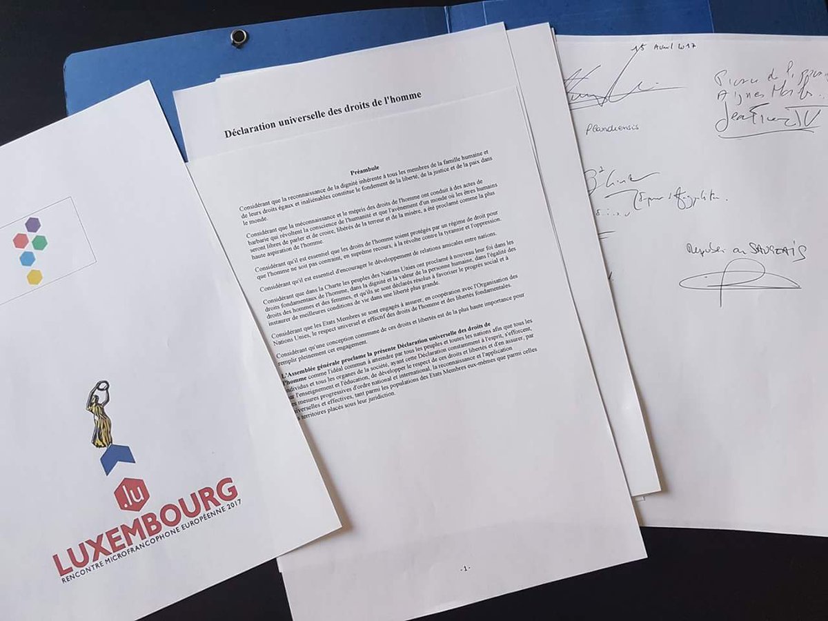La déclaration des Droits de l'Homme signée par les membres  de l'#OMF présent à Luxembourg lors de la rencontre OMF #Micronations