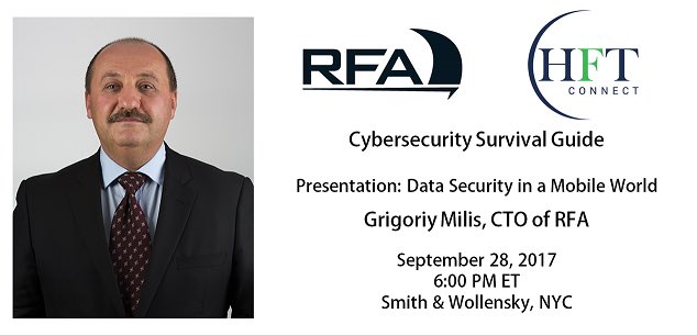 RFAServices's tweet image. .@RFAServices&apos; CTO Grigoriy Milis speaking tonight at @HFTConnect panel on #DataLossProtection &amp;amp; #cybersecurity in mobile &amp;amp; digital world!