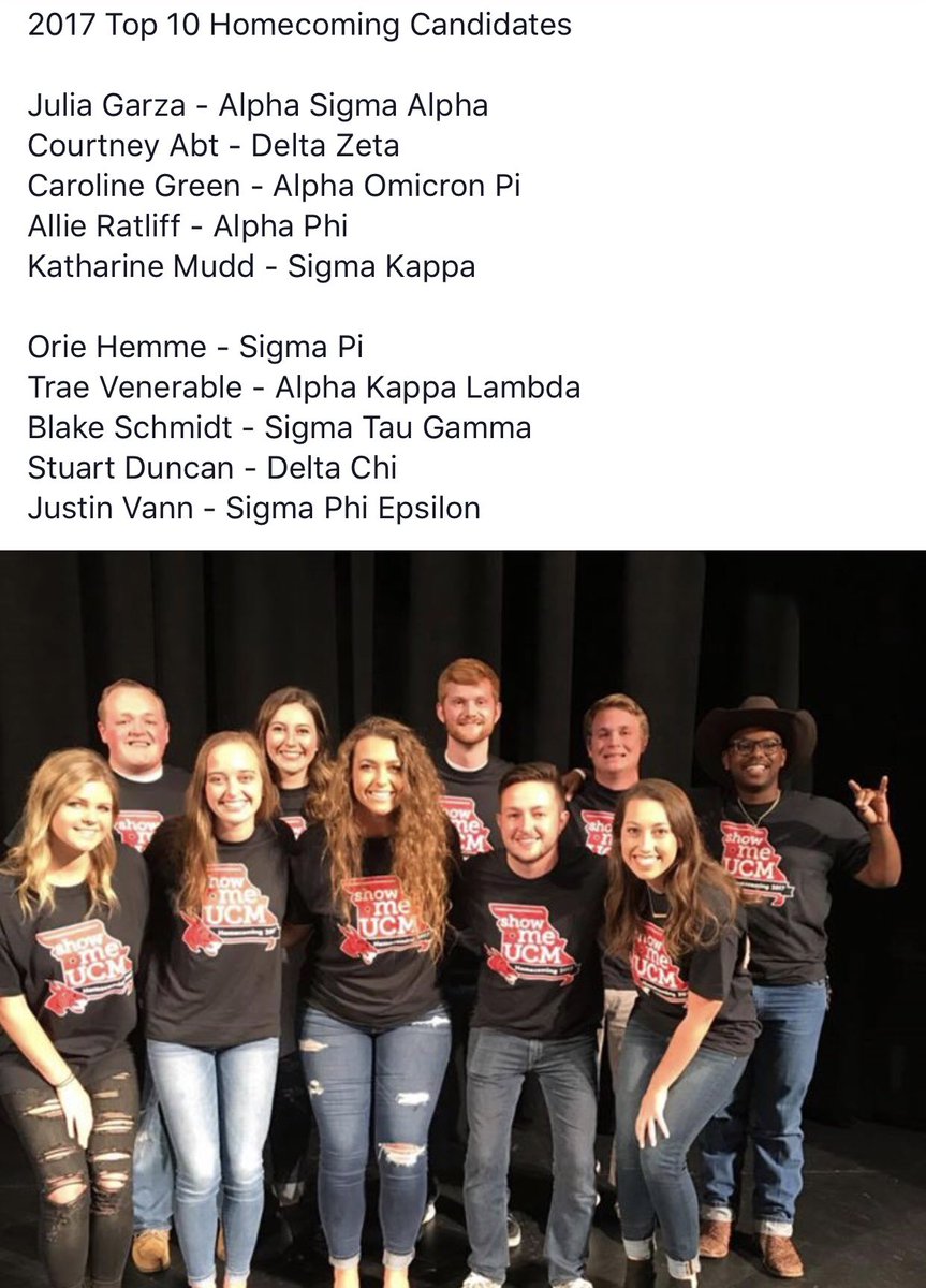 UCMHomecoming's tweet photo. Here are your top 10 candidates #ShowMeUCM #UCMHoCo2017 https://t.co/otJR4dGhoZ