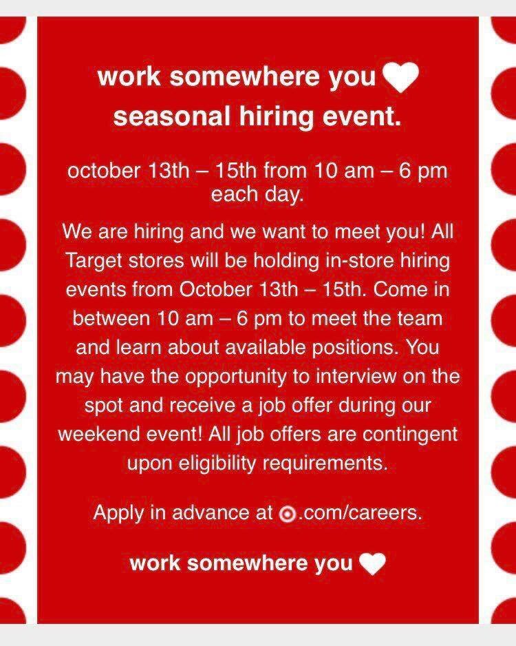 Looking for a job during the holidays? Come out to your local Target this weekend for our seasonal hiring event!