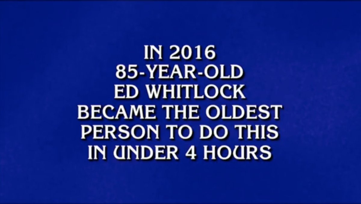 CanadianRunning's tweet photo. VIDEO: Famous Ed Whitlock marathon stat featured on Jeopardy! https://t.co/8TmYMdGRxa https://t.co/KX54SU01Ob